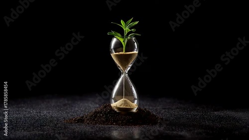 Glass Hourglass with Green Plant Growing from Sand on Dark Soil Background