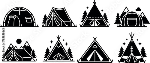 Camping tents and teepees with mountain and forest nature outdoor adventure vector illustration 