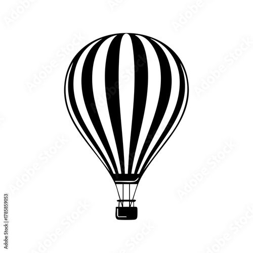 Hot air balloon with vertical stripes floating in the sky, symbolizing travel, adventure, and freedom.