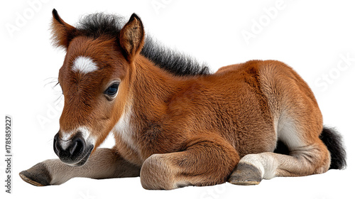 Cute Foal Resting: A young foal with soft brown fur and a bright white spot on its forehead rests peacefully, showcasing the innocence and charm of youth.
