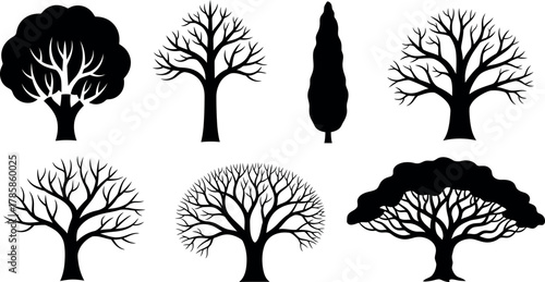 Black silhouette vector set of seven different tree shapes in winter style for design use 