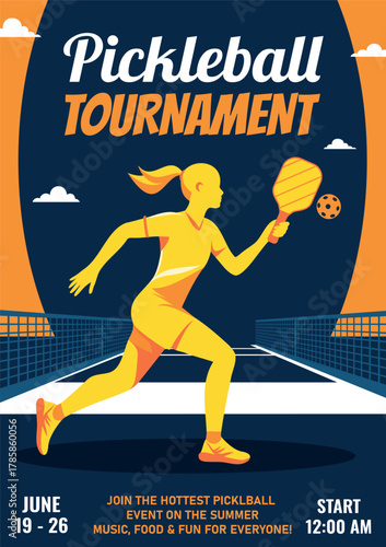 Pickleball tournament. A vibrant vector illustration of a woman with a racket and ball on a tennis court. Design with date and time for banners, sports clubs, events, advertising, and posters