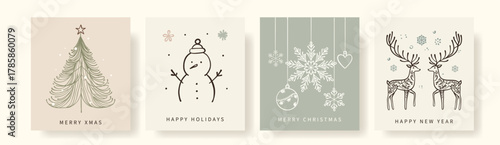 Minimal Scandinavian Christmas card collection with simple line drawings of reindeer, trees, snowmen, and snowflakes in beige and green tones. Modern Nordic winter holiday vector illustration  