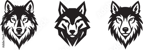 Black and White Vector Illustration of Three Wolf Head Designs - Isolated                                                                             
