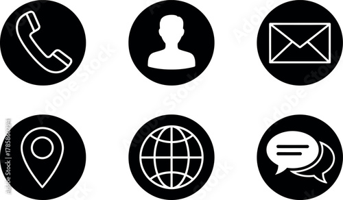 Communication Icons Set with Phone, User, Email, Location, Globe, Chat Symbols Vector Illustration 
