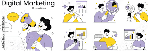 Digital marketing illustration set, creative people analyzing data charts, using laptop and smartphone, online business, communication, teamwork, growth, success concept