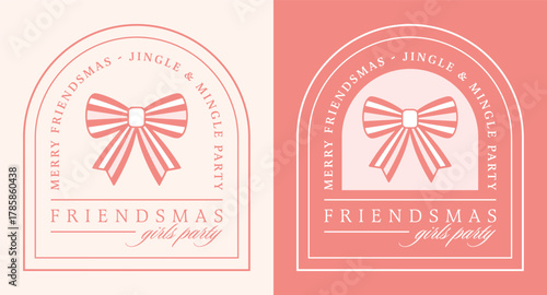 Friendsmas girls night party friends Christmas pink holiday ornament bow decor jingle and mingle theme. Coquette preppy retro vintage girly fancy pastel aesthetic funny invite badge sticker design.