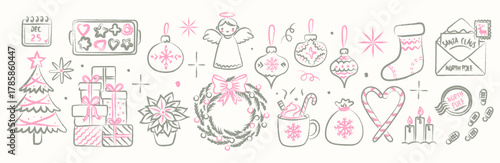 Chalk-style Christmas doodle collection featuring gifts, an angel, a wreath, a tree, and ornaments in soft pink and gray. Hand-drawn crayon illustration of cozy winter holiday elements for charming 