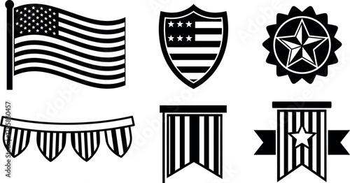 American flag and patriotic shield star badge icon set vector illustration 