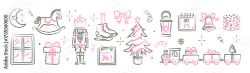 Chalk Christmas doodle elements set with nutcracker, tree, gifts, rocking horse, bell, and cookies. Hand drawn pink and grey crayon sketch festive vector illustration for holiday decor and cards.