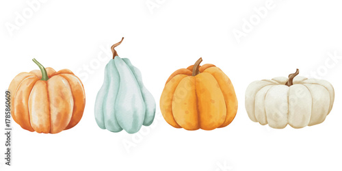 Watercolor autumn gourds and pumpkins arrangement with varied shapes and colors