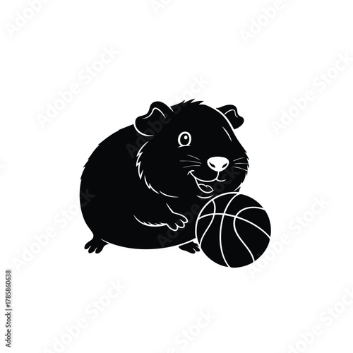 Cheerful guinea pig with a basketball, playful animal sports vector graphic design.