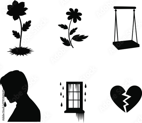 Silhouette icons of flower swing crying person window with icicles broken heart