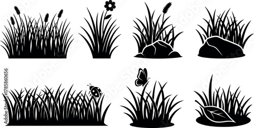 Various grass and wildflower silhouettes with rocks vector set for nature designs 