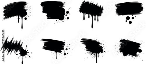 Set of black ink splatter brush strokes vector illustration artistic design elements 