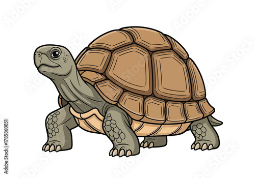 A detailed illustration of a tortoise with a textured shell and scaly legs, standing on a white background.