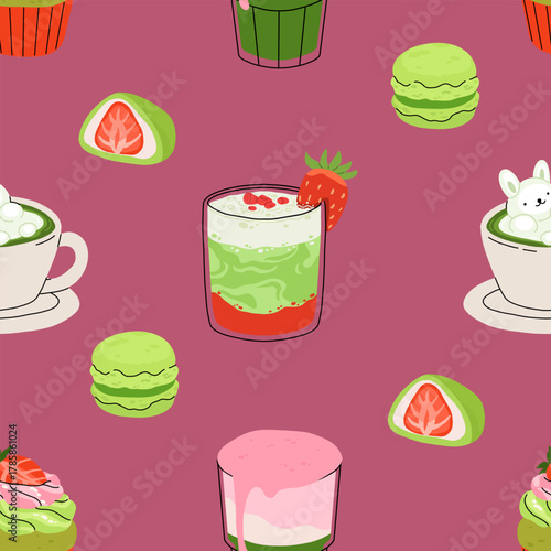Matcha sweets seamless patterns collection, kawaii matcha drinks, boba cups, matcha latte, macarons, mochi and green tea desserts. Flat vector seamless tiles for fabric, wallpaper, packaging