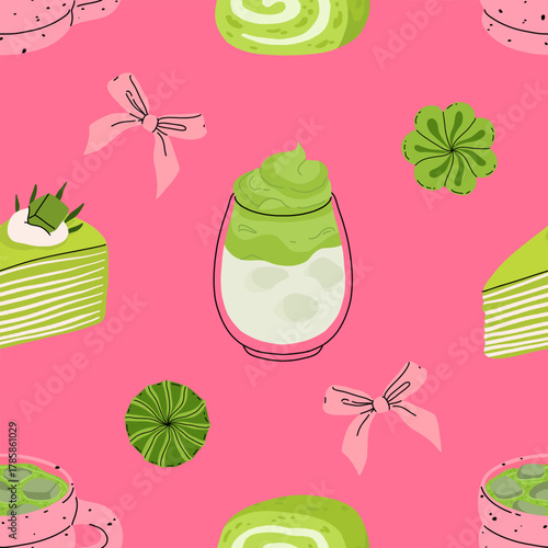 Matcha sweets seamless patterns collection, kawaii matcha drinks, boba cups, matcha latte, macarons, mochi and green tea desserts. Flat vector seamless tiles for fabric, wallpaper, packaging