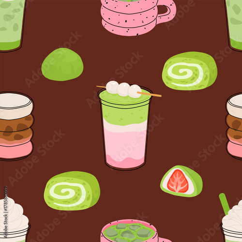 Matcha sweets seamless patterns collection, kawaii matcha drinks, boba cups, matcha latte, macarons, mochi and green tea desserts. Flat vector seamless tiles for fabric, wallpaper, packaging