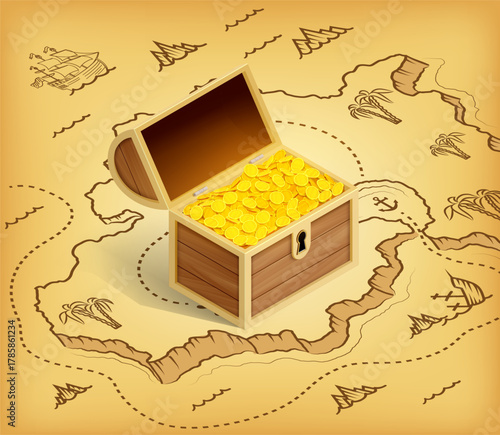 Chest with gold coins on an old pirate treasure map. Isometric projection. Vector illustration.