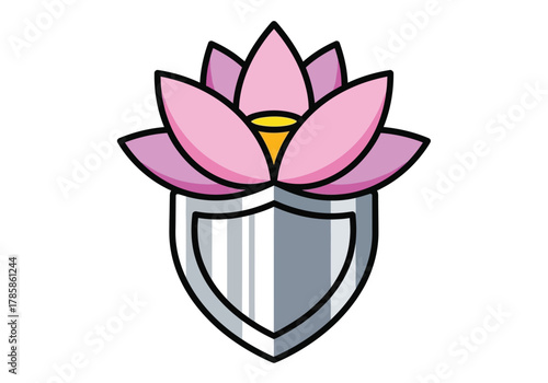 A stylized lotus flower emblem sits atop a silver shield, symbolizing protection and purity.