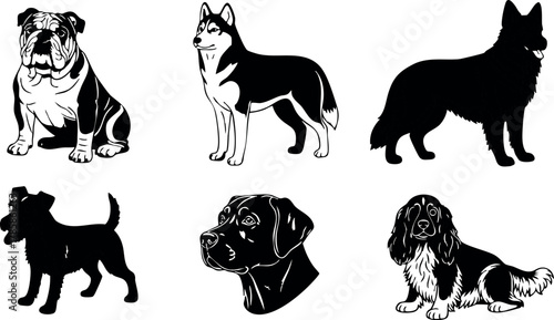 Dog breed silhouettes vector set with various dog shapes and poses illustration 
