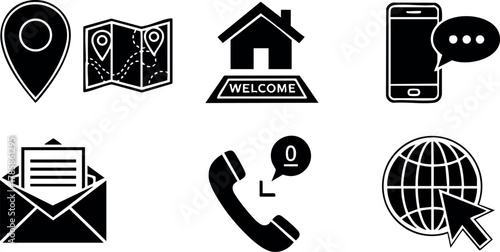 Location map house welcome phone message envelope call globe cursor icons vector illustration 