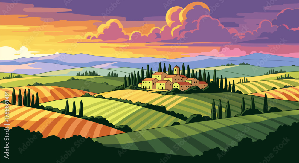 Fototapeta premium Tuscan Countryside Landscape at Sunset Rolling Hills & Village View