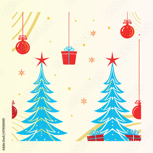 Modern luxury Christmas greeting card vector set in elegant blue and gold color palette, featuring geometric pine trees, shiny ornaments, gift boxes, golden stars, snowflakes, and minimal line art dec