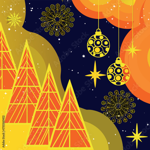 Modern luxury Christmas greeting card vector set in elegant blue and gold color palette, featuring geometric pine trees, shiny ornaments, gift boxes, golden stars, snowflakes, and minimal line art dec