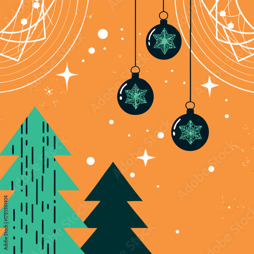 Modern luxury Christmas greeting card vector set in elegant blue and gold color palette, featuring geometric pine trees, shiny ornaments, gift boxes, golden stars, snowflakes, and minimal line art dec
