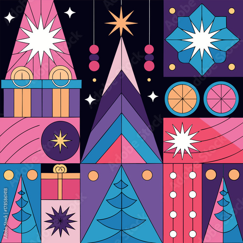 Modern luxury Christmas greeting card vector set in elegant blue and gold color palette, featuring geometric pine trees, shiny ornaments, gift boxes, golden stars, snowflakes, and minimal line art dec