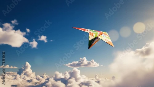 Colorful kite soaring joyfully through a bright blue sky with fluffy clouds