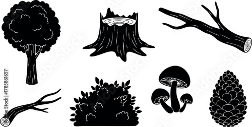 Black silhouette tree stump branch bush mushroom and pine cone vector illustration set 