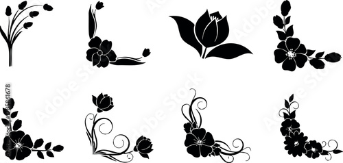 Floral corner decorative elements with black silhouette flower designs for elegant vector illustration 