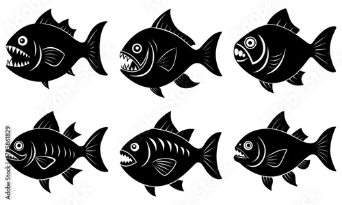 Menacing piranha fish silhouettes row showcasing sharp teeth and predatory nature, originally a scalable vector graphic for flexible design projects