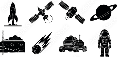 Space exploration icons with rocket, satellites, astronaut, planet, meteor, and rover vector set 