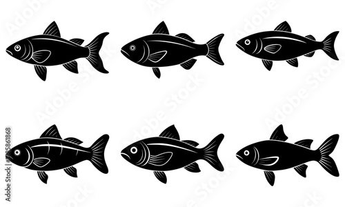 Captivating black and white fish shoal, ideal for marine biology resources, seafood restaurant menus, fishing guides, and aquatic nature designs
