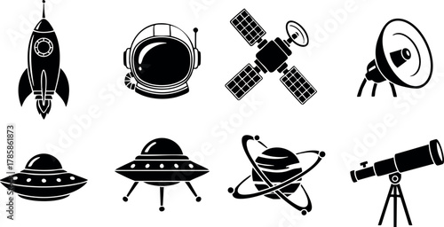 Space exploration icons including rocket, astronaut helmet, satellite, telescope vector illustration 