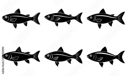 Striking shoal of fish swimming in formation, elegant silhouettes creating a dynamic visual, ideal for designs needing aquatic life themes or nature concepts
