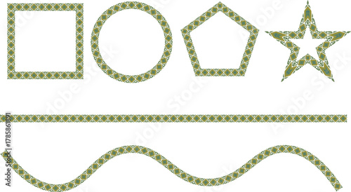 A sophisticated set of decorative geometric frames and borders featuring a luxurious green and gold pattern, perfect for elegant designs.