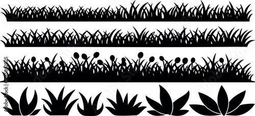 Grass and leaf silhouettes set with natural shapes and botanical design elements vector illustration 