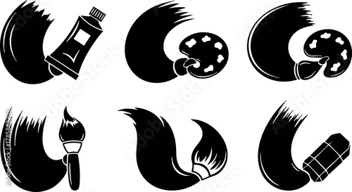 Abstract black paint brush strokes with tube brush palette and eraser vector icons set 