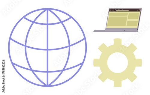 Globe symbol representing global connectivity, a laptop with a website layout, and a gear for development. Ideal for technology, IT, networking, web design, internet, software global outreach