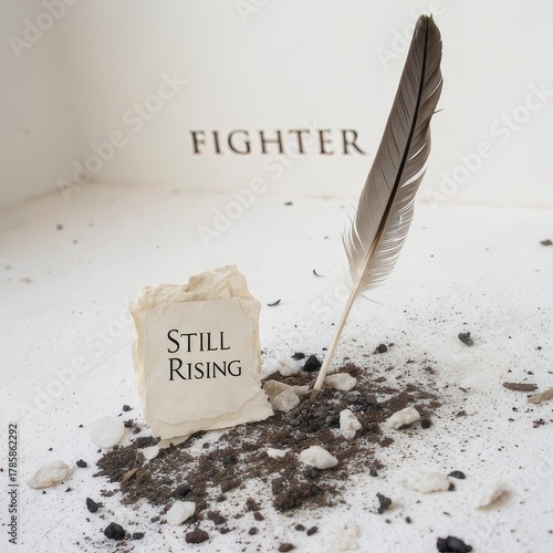 Quill pen with torn paper, dirt, and rocks