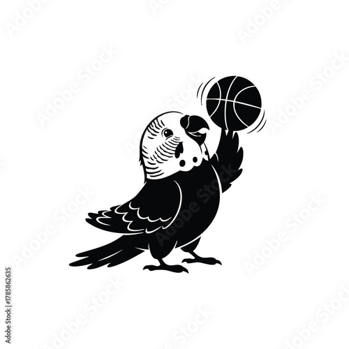 Cute cartoon budgerigar parrot mascot spinning basketball on its wing vector graphic art