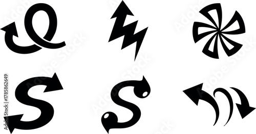 Set of abstract black arrow symbols with dynamic curved and angular shapes vector illustration 