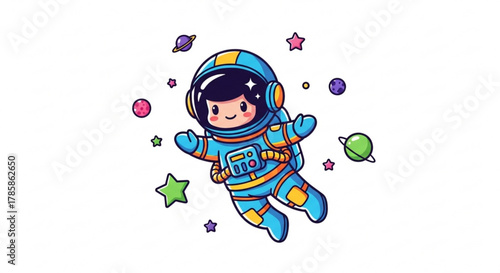 Cute astronaut floating in space isolated on