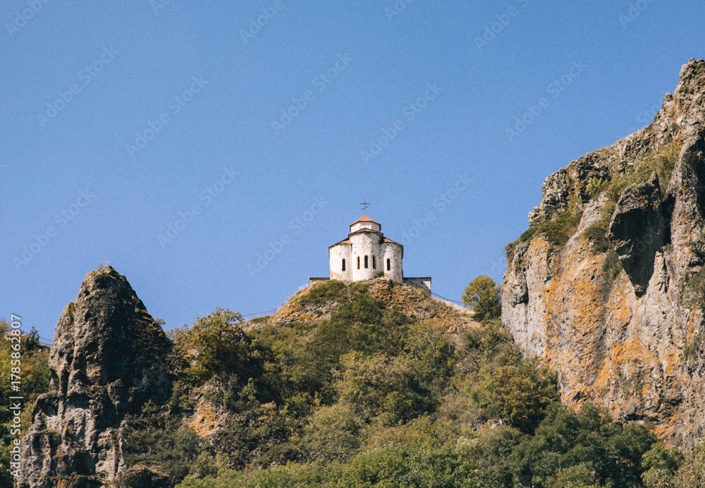 Fototapeta premium Shoani Christian Church. Karachay-Cherkessia, Dombay, Russia. Mountain, outdoors.