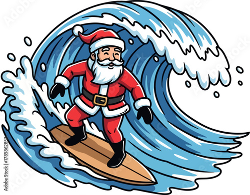 Illustration of Santa Claus windsurfing among the waves, isolated on white background
